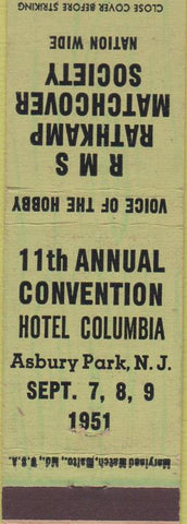 Matchbook Cover - RMS Convention Hotel Columbia Asbury Park NJ 1951 greed wood