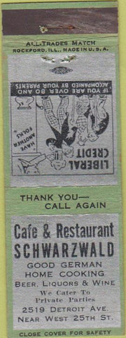 Matchbook Cover - Cafe Restaurant Schwarzwald Cleveland? OH