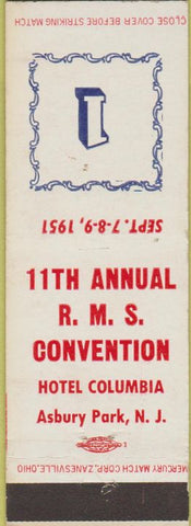 Matchbook Cover - RMS Convention Hotel Columbia Asbury Park NJ 1951 #1 WEAR