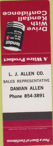Matchbook Cover - Kendall Oil Gas LJ Allen Damien Allen SAMPLE Chambersburg PA