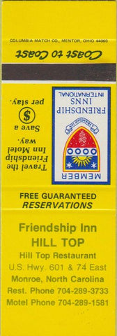 Matchbook Cover - Friendship Inn Hill Top Monroe NC SAMPLE