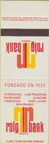 Matchbook Cover - Roig Bank Las Piedras Juncos Maunabo Puerto Rico SAMPLE