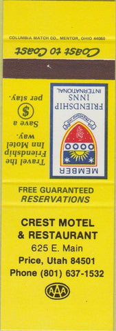 Matchbook Cover - Crest Motel Restaurant Price UT SAMPLE