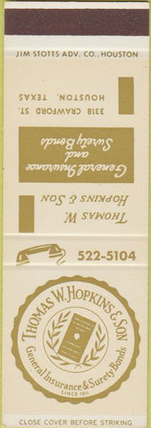 Matchbook Cover - Thomas W Hopkins Son Insurance Houston TX SAMPLE