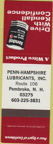 Matchbook Cover - Kendall Oil Gas Penn Hampshire Pembroke NH SAMPLE