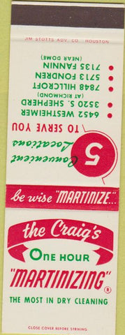 Matchbook Cover - Craig's One Hour Martinizing Houston TX SAMPLE