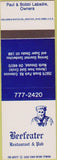 Matchbook Cover - Beefeater Restaurant Pub North Olmstead OH SAMPLE