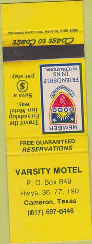 Matchbook Cover - Varsity Motel Cameron TX SAMPLE