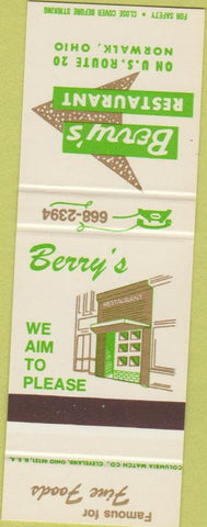 Matchbook Cover - Berry's Rstaurant Norwalk OH SAMPLE