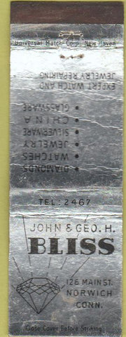 Matchbook Cover - John Geo Bliss Diamonds Watches Norwich T WORN