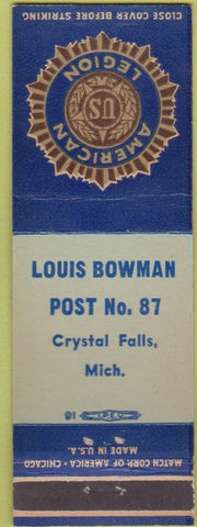 Matchbook Cover - American Legion Crystal Falls MI