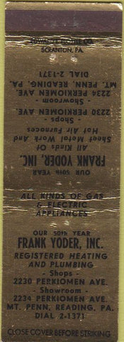 Matchbook Cover - Frank Yoder Plumbing Heating Mount Penn Reading PA
