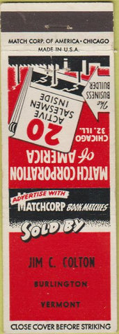 Matchbook Cover - Match Corp Jim Colton Burlington VT