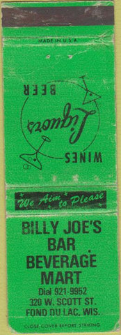 Matchbook Cover - Billy Joe's Bar Fond Du Lac WI POOR