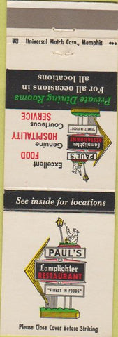 Matchbook Cover - Paul's Lamplighter Restaurant Jackson MS Little Rock AR