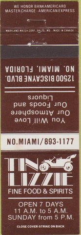 Matchbook Cover - Tin Lizzie Restaurant North Miami FL