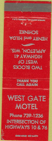 Matchbook Cover - West Gate Motel Appleton WI