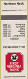 Matchbook Cover - First Virginia Bank Hague Dahlgren Callao Heathsville
