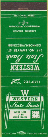Matchbook Cover - Western State Bank Oshkosh WI