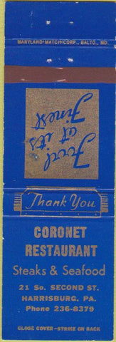 Matchbook Cover - Coronet Restaurant Harrisburg PA