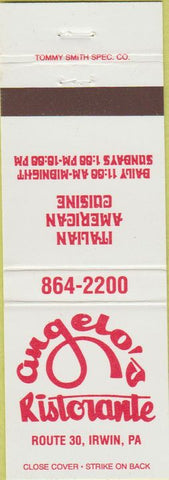 Matchbook Cover - Angelo's Ristorante Irwin PA Italian