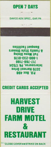 Matchbook Cover - Harvey Drive Farm Motel Restaurant Intercourse PA