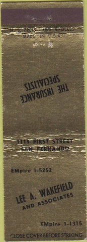 Matchbook Cover - Lee A Wakefield Associates Insurance San Fernando CA