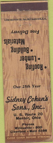 Matchbook Cover - Sidney Cohen's Sons Mentor OH roofing lumber