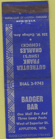 Matchbook Cover - Badger Bar Appleton WI WEAR