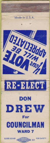Matchbook Cover - Don Drew Councilman Ward 7 WORN