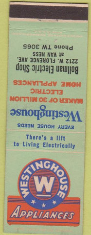 Matchbook Cover - Westinghouse Appliances Bollman Electric Los Angeles CA