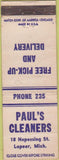Matchbook Cover - Paul's Cleaners Lapeer MI WORN