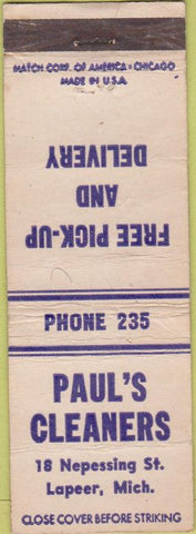 Matchbook Cover - Paul's Cleaners Lapeer MI WORN