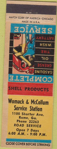 Matchbook Cover - Womack McCollum Service oil gas Rome GA