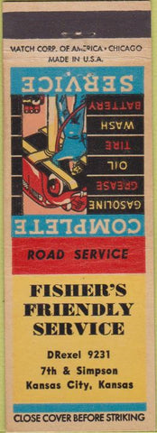 Matchbook Cover - Fisher's Friendly Service oil gas Kansas City MO