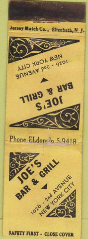 Matchbook Cover - Joe's Bar Grill New York City Safety First WORN