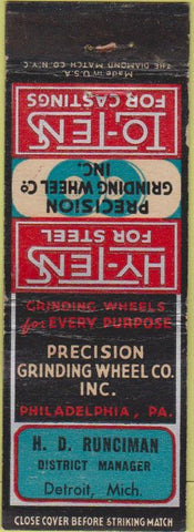 Matchbook Cover - Precision Grinding Wheel HD Runciman Detroit MI WEAR