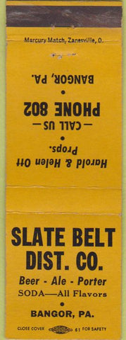 Matchbook Cover - Slate Belt Distributing Beer Soda Bangor PA yellow