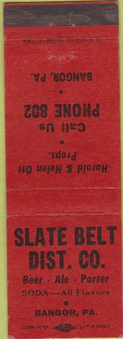 Matchbook Cover - Slate Belt Distributing Beer Soda Bangor PA red