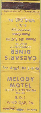 Matchbook Cover - Melody Motel Wind Gap PA WORN Caesar's Diner