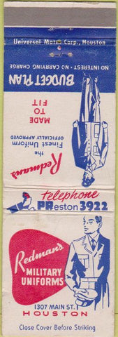 Matchbook Cover - Redman's Military Uniforms Houston TX WEAR