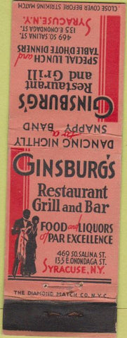 Matchbook Cover - Ginsburg's Restaurant Syracuse NY