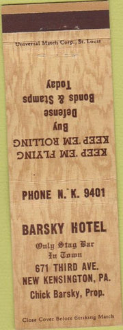 Matchbook Cover - Barsky Hotel New Kensington PA