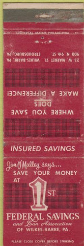 Matchbook Cover - 1st Federal Savings Loan Wilkes Barre PA