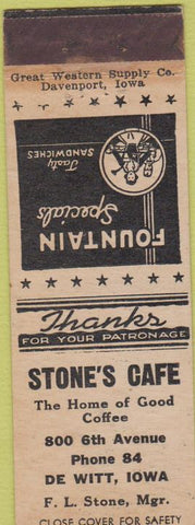 Matchbook Cover - Stone's Cafe De Witt IA fountain