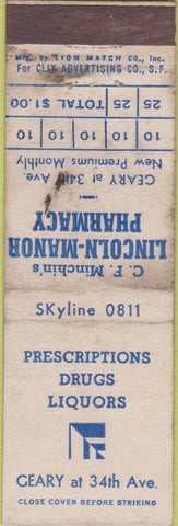 Matchbook Cover - Lincoln Manor Pharmacy San Francisco CA SLIX WORN