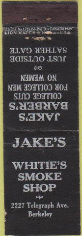 Matchbook Cover - Jake's Barber Shop Whitie's Smoke Shop Berkeley CA