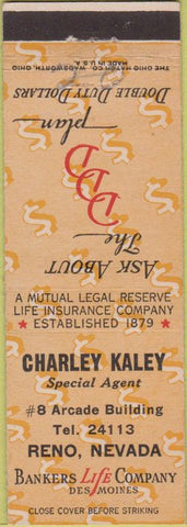Matchbook Cover - Charley Kaley Insurance Reno NV