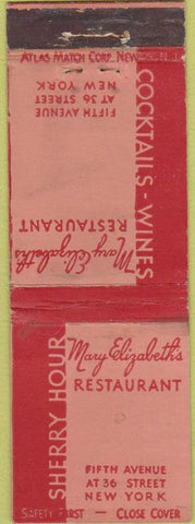 Matchbook Cover - Mary Elizabeth's Restaurant New York City Safety First WEAR