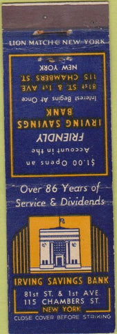 Matchbook Cover - Irving Savings Bank New York City